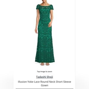 Tadashi Shoji Emerald Lace Illusion-Yoke Maxi Gown